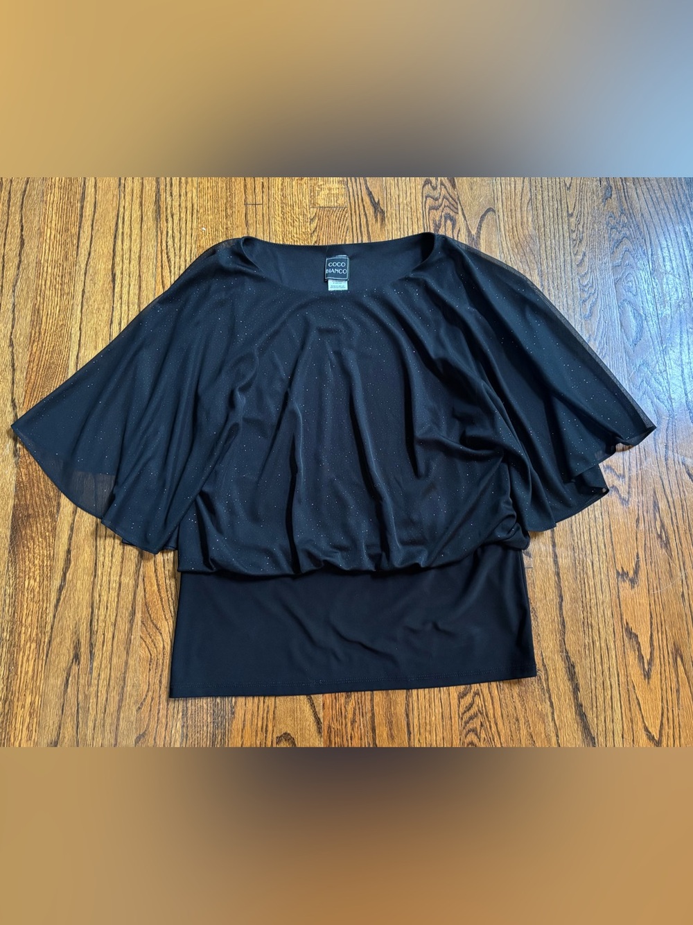 Coco Bianco Black Sparkle Cape-Sleeve Blouse Medium